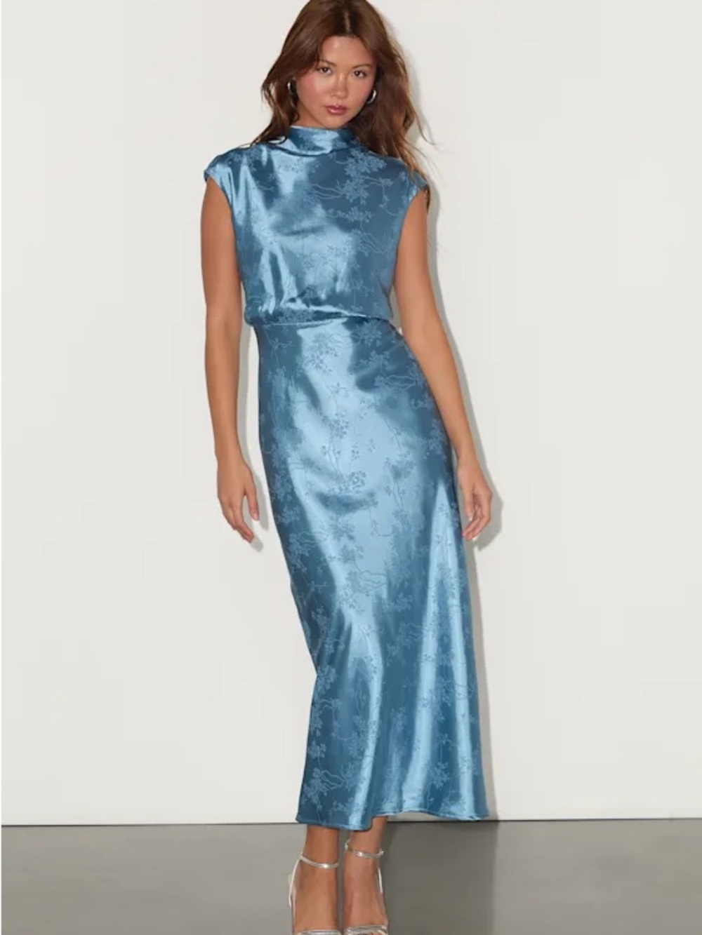 Lulu's Blue Satin Jacquard High-Neck Midi Dress